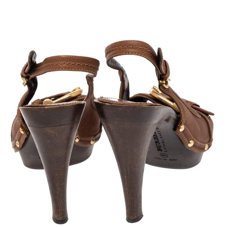 Pre Owned Burberry Brown Leather Buckle Detail Platform Slingback Sandals Size 38