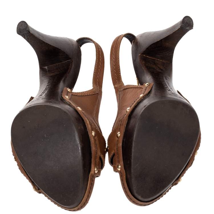 Pre Owned Burberry Brown Leather Buckle Detail Platform Slingback Sandals Size 38