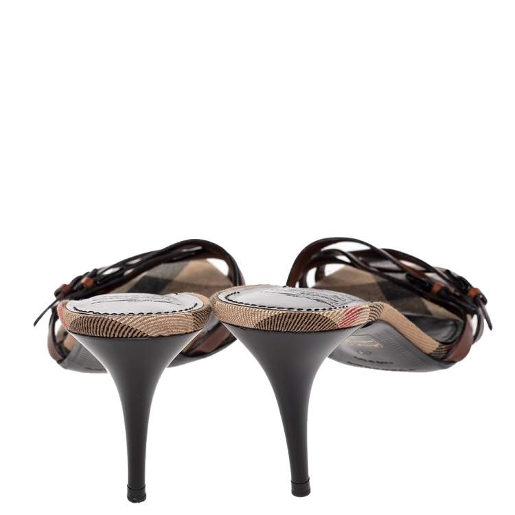 Pre Owned Burberry Brown Leather Strappy Slide Sandals Size 39 