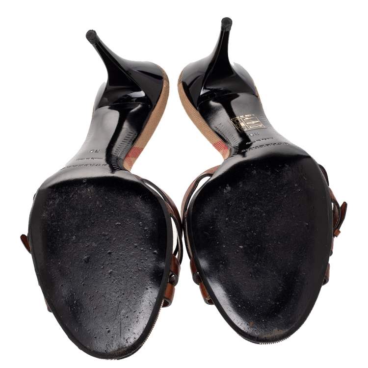 Pre Owned Burberry Brown Leather Strappy Slide Sandals Size 39 