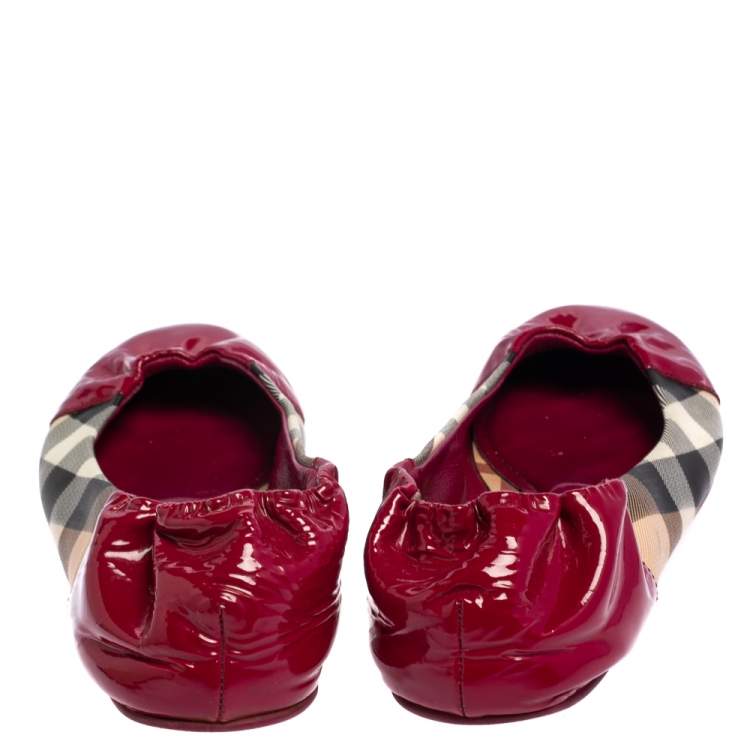 Pre Owned Burberry Pink Patent Leather and Nova Check Coated Canvas Scrunch Flats Size 38