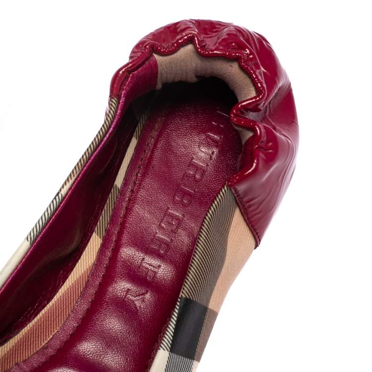 Pre Owned Burberry Pink Patent Leather and Nova Check Coated Canvas Scrunch Flats Size 38