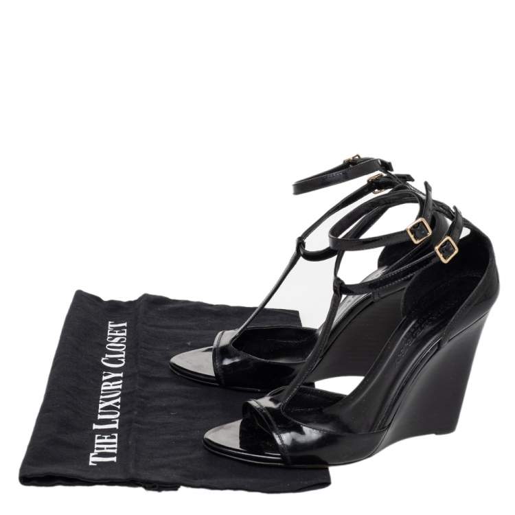 Pre Owned Burberry Black Patent Leather T-Strap Wedge Sandals Size 38