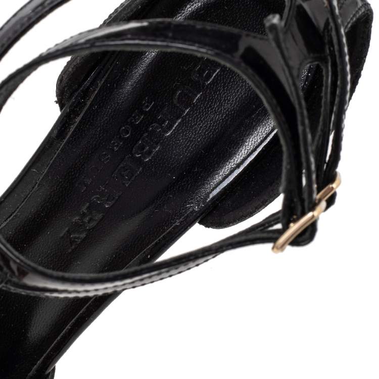 Pre Owned Burberry Black Patent Leather T-Strap Wedge Sandals Size 38