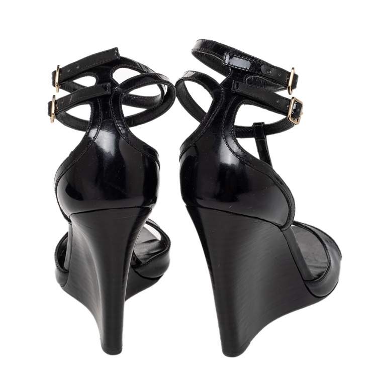 Pre Owned Burberry Black Patent Leather T-Strap Wedge Sandals Size 38