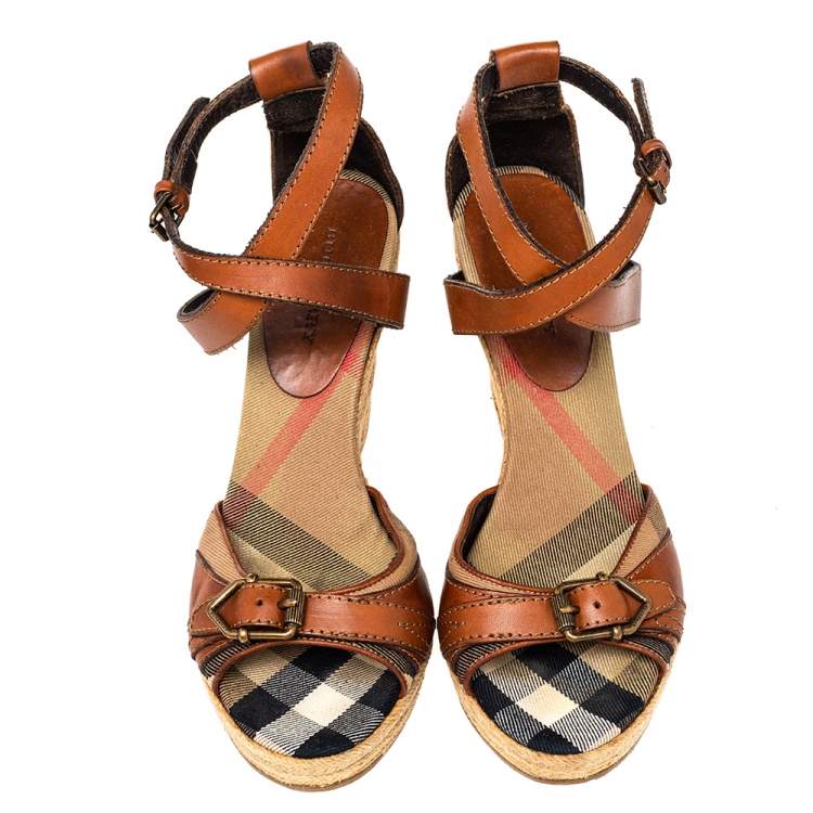 Pre Owned Burberry Brown Leather And Novacheck Canvas Buckle Detail Wedge Espadrille Sandals Size 39