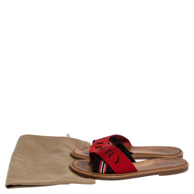 Pre Owned Burberry Red/Black Canvas Foley Logo Stripe Crisscross Slide Sandals Size 37