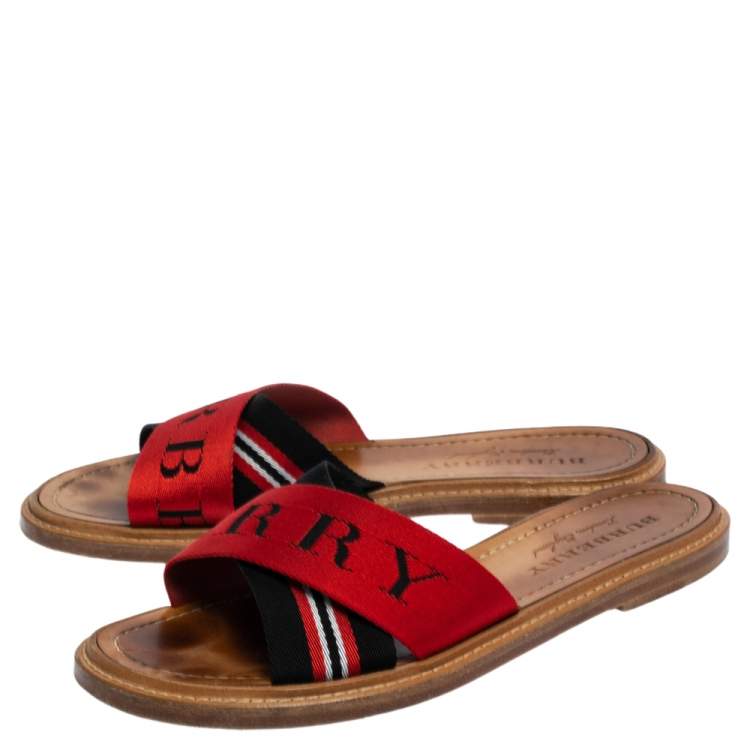Pre Owned Burberry Red/Black Canvas Foley Logo Stripe Crisscross Slide Sandals Size 37
