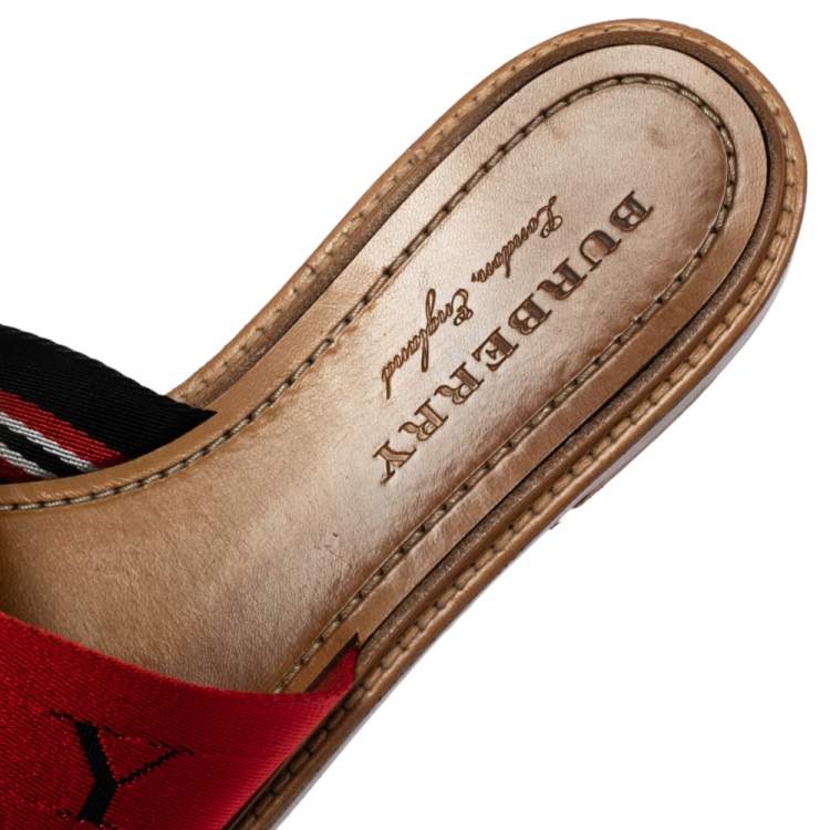 Pre Owned Burberry Red/Black Canvas Foley Logo Stripe Crisscross Slide Sandals Size 37