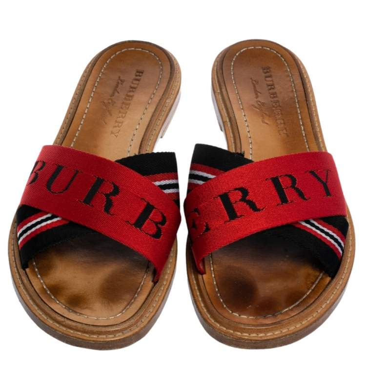 Pre Owned Burberry Red/Black Canvas Foley Logo Stripe Crisscross Slide Sandals Size 37