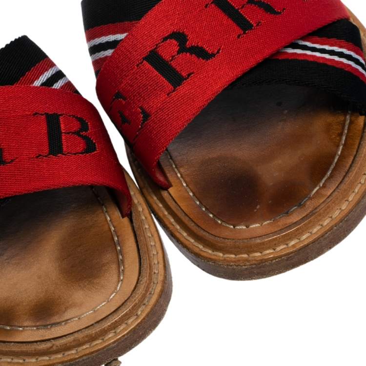 Pre Owned Burberry Red/Black Canvas Foley Logo Stripe Crisscross Slide Sandals Size 37