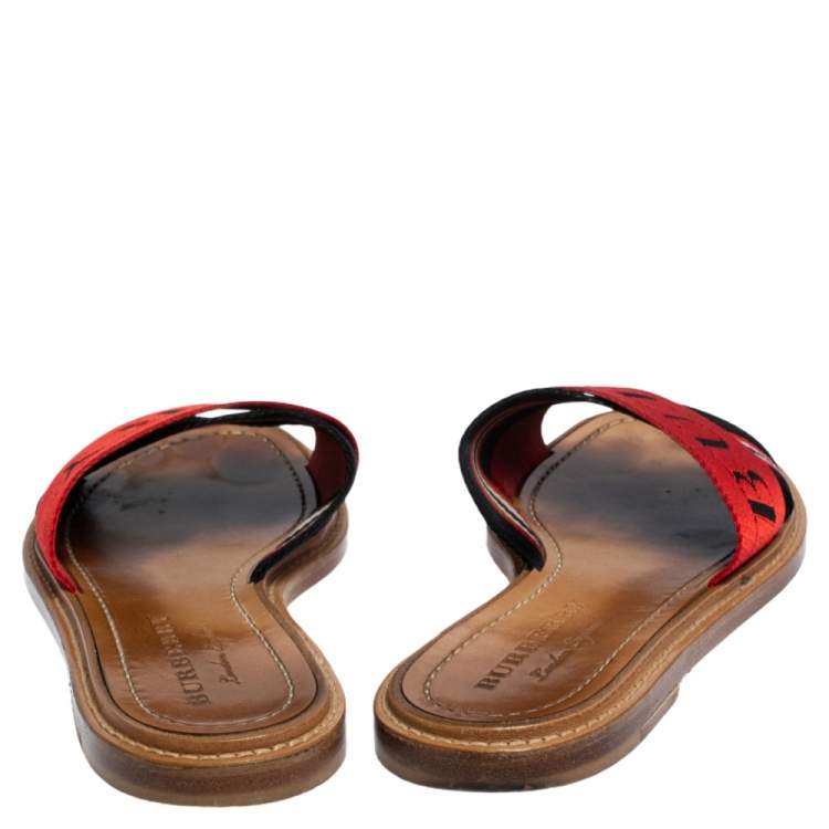 Pre Owned Burberry Red/Black Canvas Foley Logo Stripe Crisscross Slide Sandals Size 37