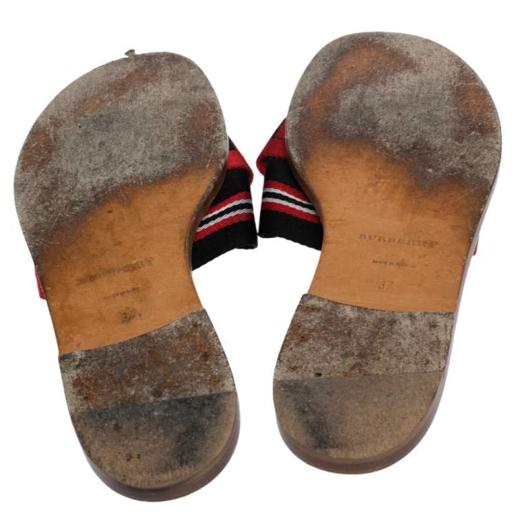 Pre Owned Burberry Red/Black Canvas Foley Logo Stripe Crisscross Slide Sandals Size 37