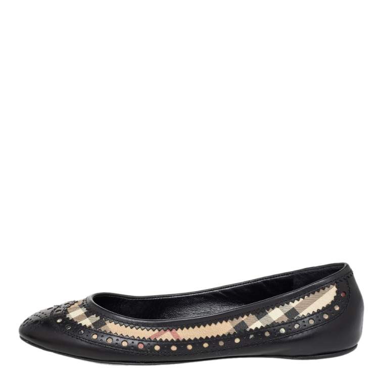 Pre Owned Burberry Black Brogue Leather And Haymarket Coated Canvas Tudor Flats Size 37
