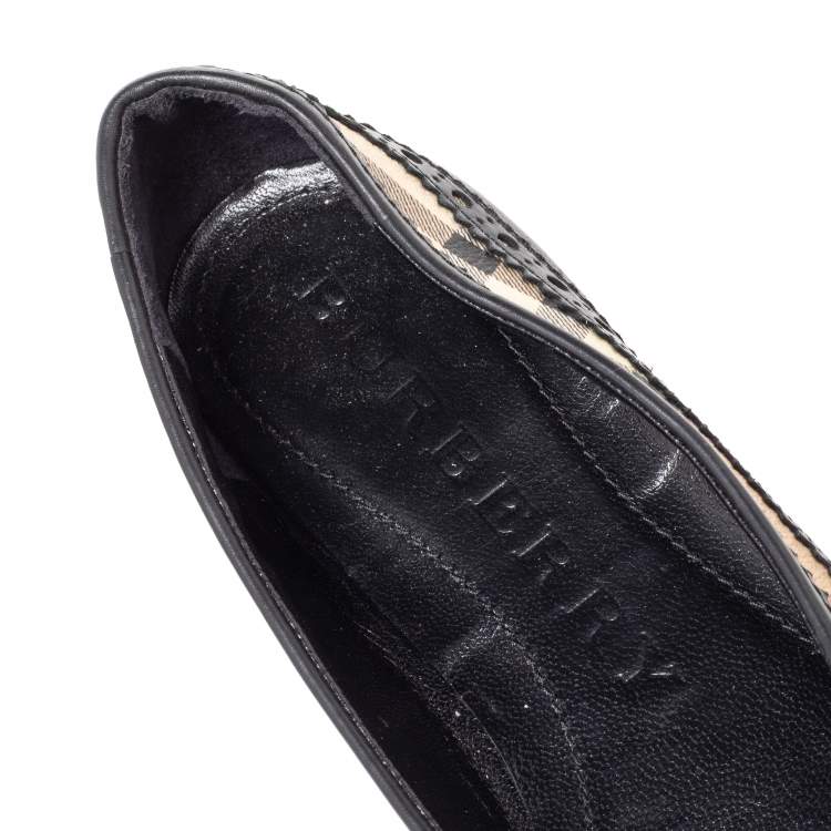 Pre Owned Burberry Black Brogue Leather And Haymarket Coated Canvas Tudor Flats Size 37