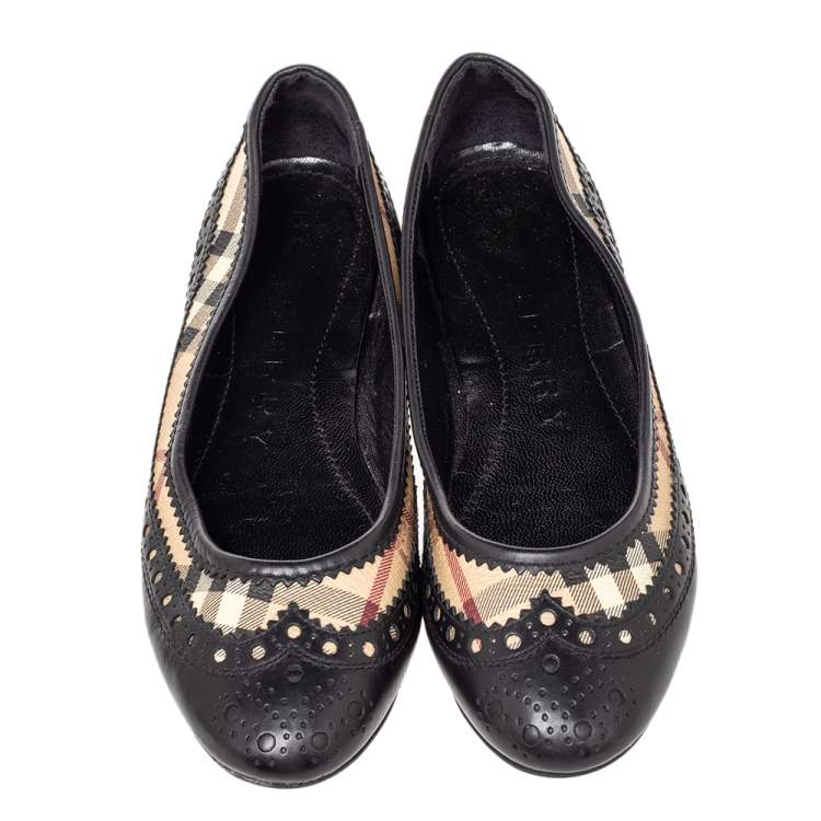 Pre Owned Burberry Black Brogue Leather And Haymarket Coated Canvas Tudor Flats Size 37