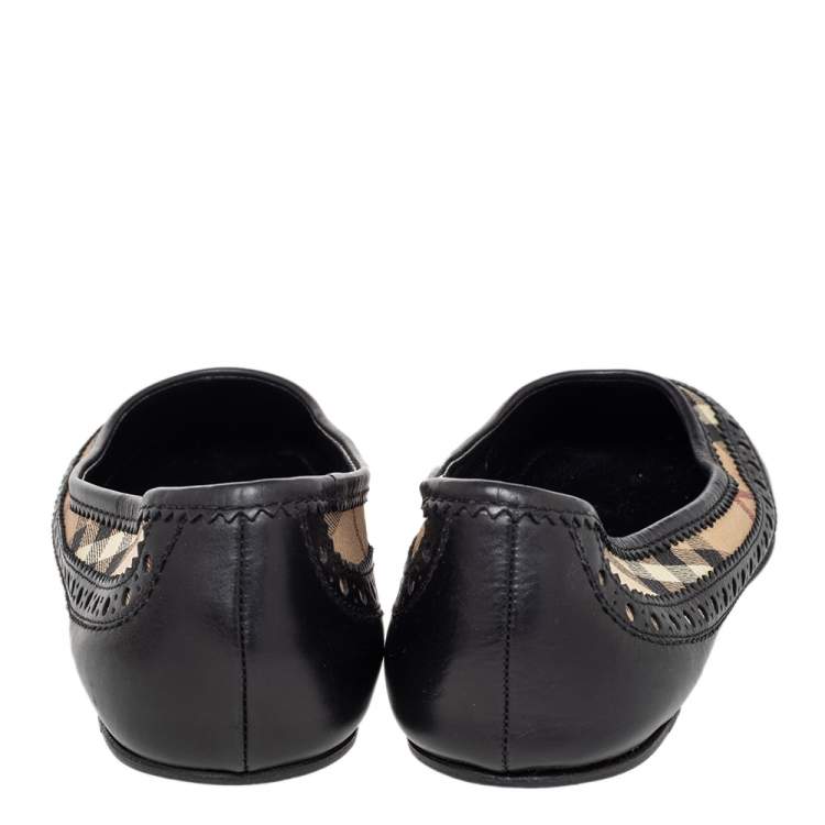 Pre Owned Burberry Black Brogue Leather And Haymarket Coated Canvas Tudor Flats Size 37