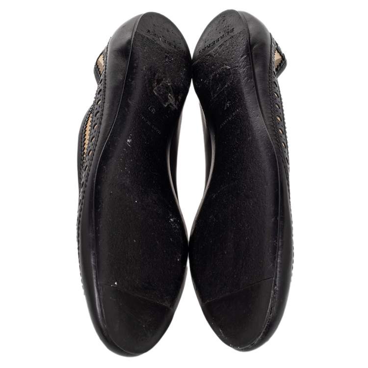 Pre Owned Burberry Black Brogue Leather And Haymarket Coated Canvas Tudor Flats Size 37