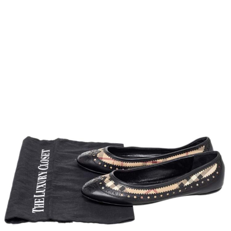 Pre Owned Burberry Black Brogue Leather And Haymarket Coated Canvas Tudor Flats Size 37