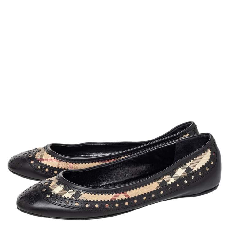 Pre Owned Burberry Black Brogue Leather And Haymarket Coated Canvas Tudor Flats Size 37