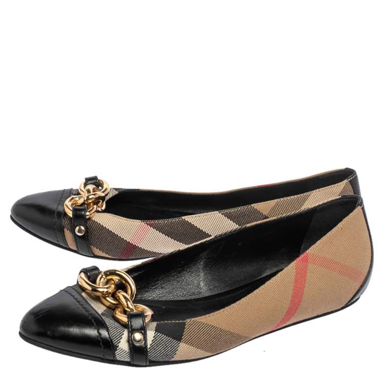 Pre Owned Burberry Black Beige House Check Canvas, Leather Shipley Gold Chain Ballet Flats Size 37