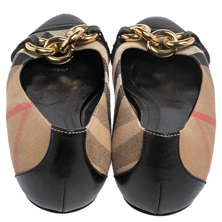 Pre Owned Burberry Black Beige House Check Canvas, Leather Shipley Gold Chain Ballet Flats Size 37