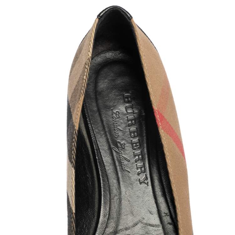 Pre Owned Burberry Black Beige House Check Canvas, Leather Shipley Gold Chain Ballet Flats Size 37