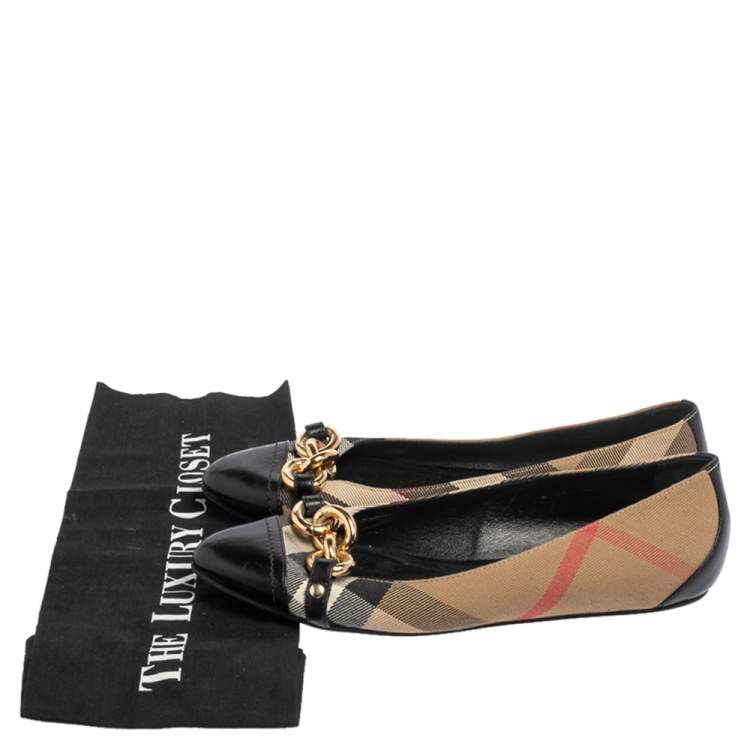 Pre Owned Burberry Black Beige House Check Canvas, Leather Shipley Gold Chain Ballet Flats Size 37