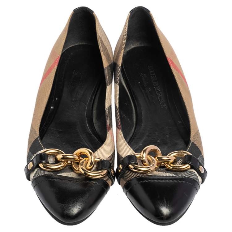 Pre Owned Burberry Black Beige House Check Canvas, Leather Shipley Gold Chain Ballet Flats Size 37