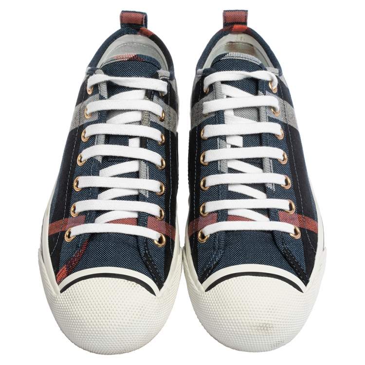 Pre Owned Burberry Blue Checked Canvas Kilbourne Lace Sneakers Size 37