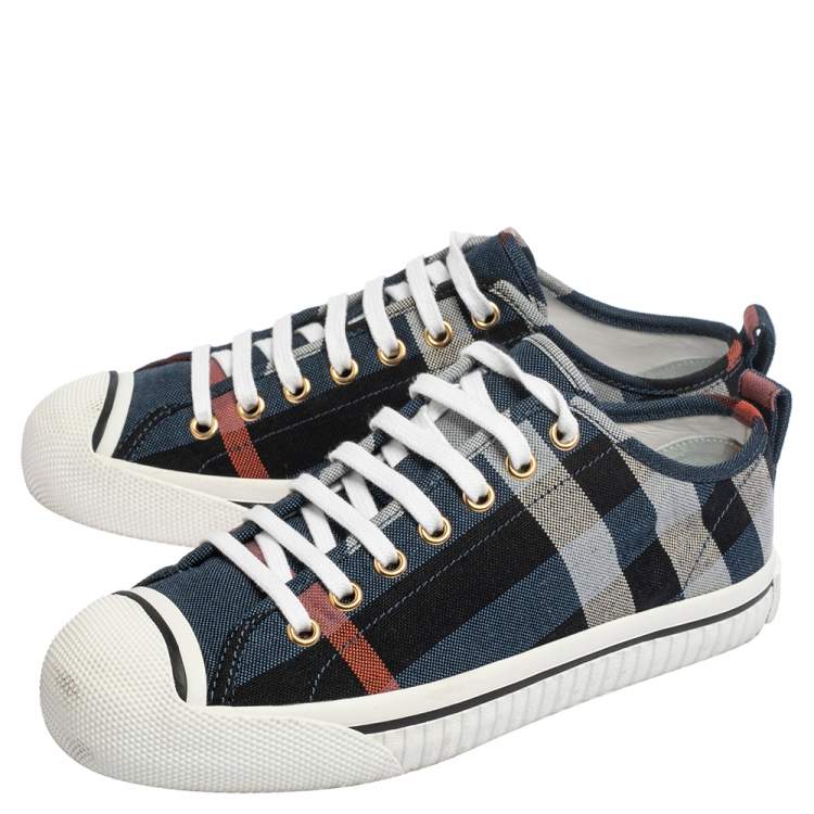 Pre Owned Burberry Blue Checked Canvas Kilbourne Lace Sneakers Size 37