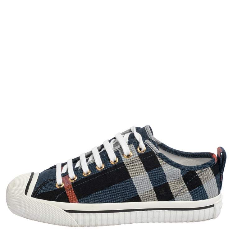 Pre Owned Burberry Blue Checked Canvas Kilbourne Lace Sneakers Size 37