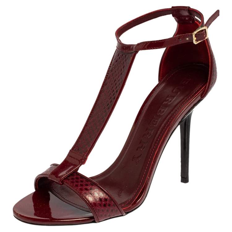 Pre Owned Burberry Burgundy Snakeskin And Patent Leather T-strap Sandals Size 37