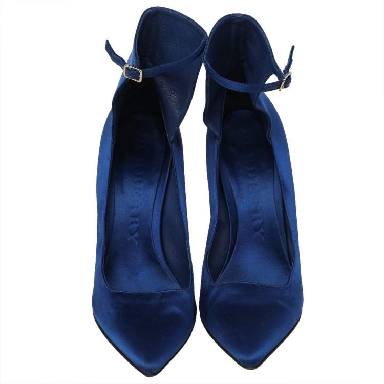 مملوكة مسبقًا Burberry Blue Satin Pointed Toe Ankle Strap Wedge Sandals Size 40