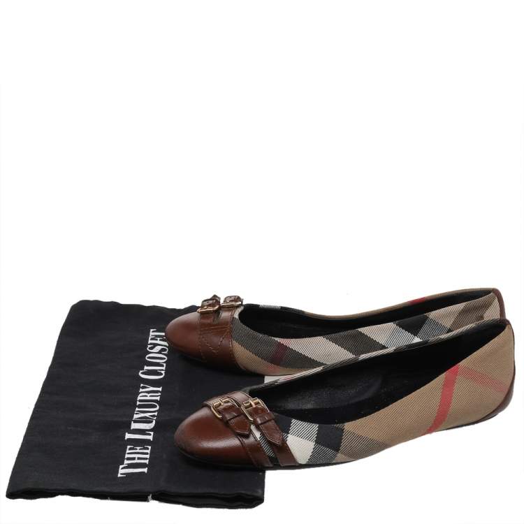 Pre Owned Burberry Brown House Check Canvas and Leather Buckle Ballet Flats Size 38.5