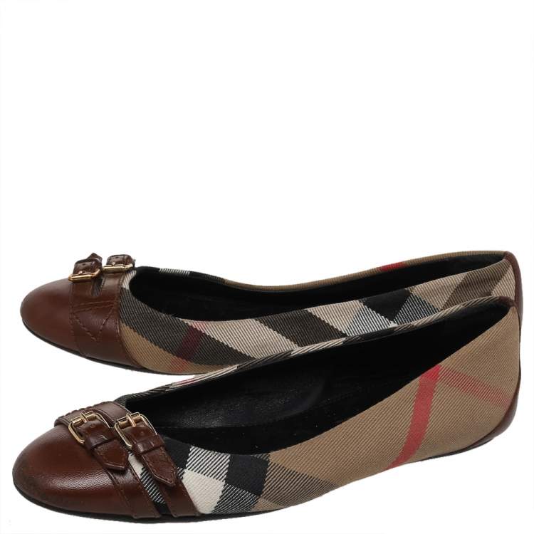 Pre Owned Burberry Brown House Check Canvas and Leather Buckle Ballet Flats Size 38.5