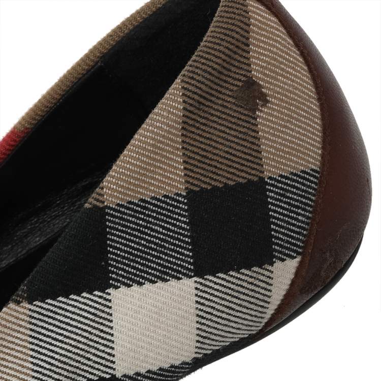 Pre Owned Burberry Brown House Check Canvas and Leather Buckle Ballet Flats Size 38.5