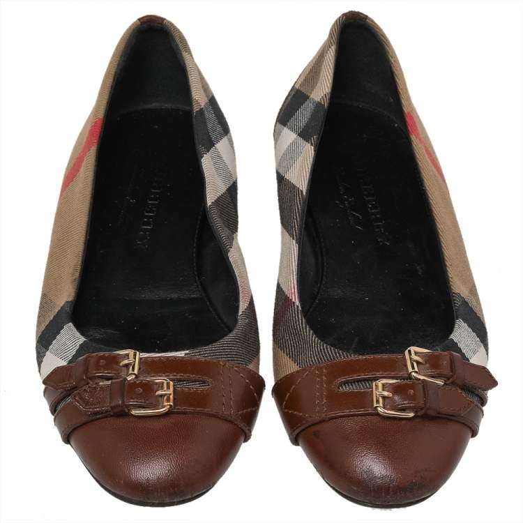 Pre Owned Burberry Brown House Check Canvas and Leather Buckle Ballet Flats Size 38.5