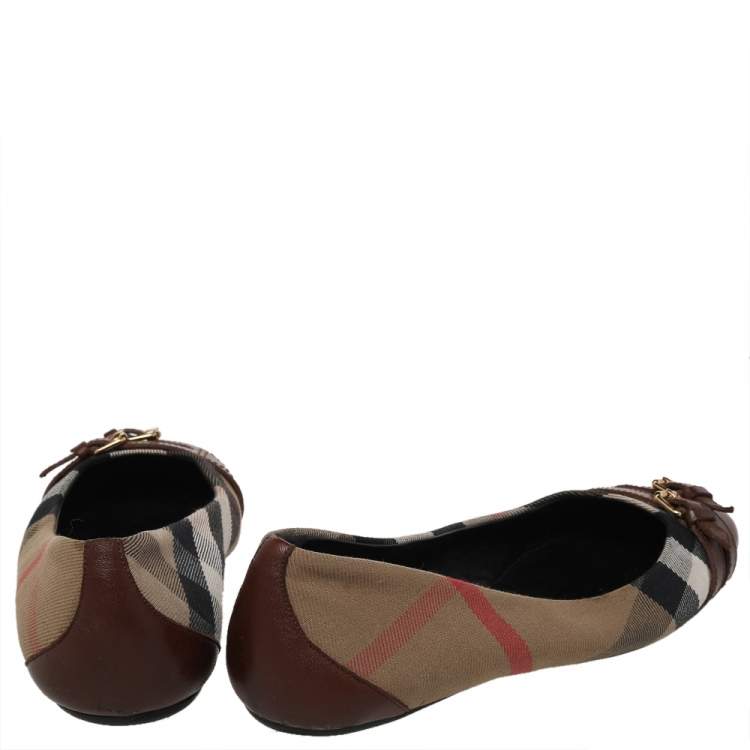 Pre Owned Burberry Brown House Check Canvas and Leather Buckle Ballet Flats Size 38.5