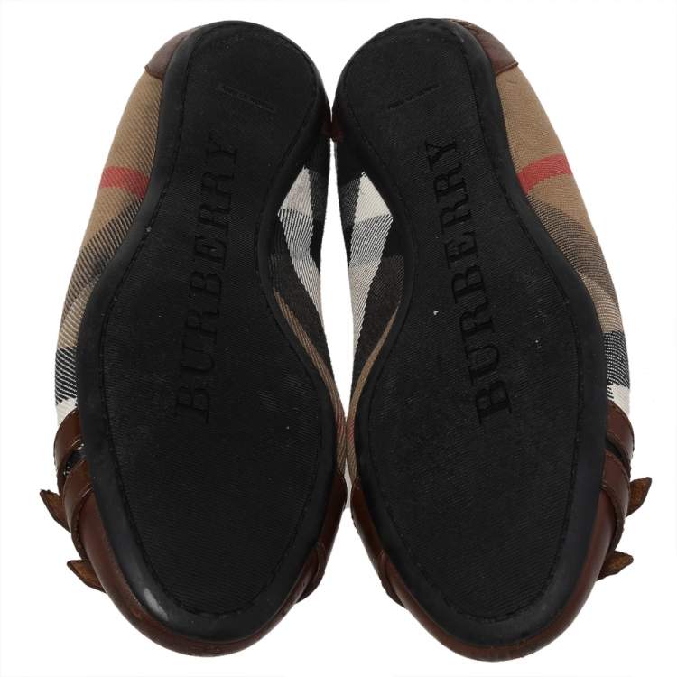 Pre Owned Burberry Brown House Check Canvas and Leather Buckle Ballet Flats Size 38.5