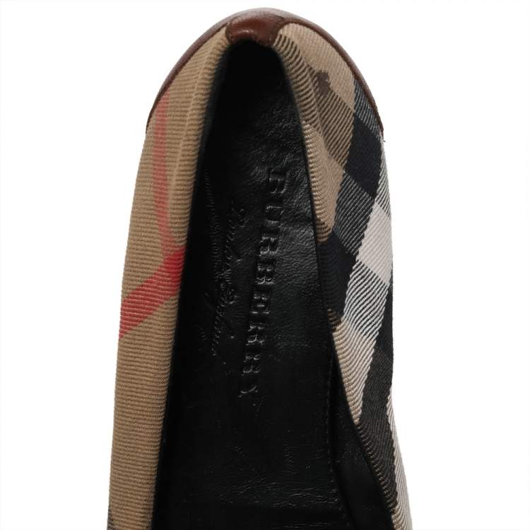 Pre Owned Burberry Brown House Check Canvas and Leather Buckle Ballet Flats Size 38.5