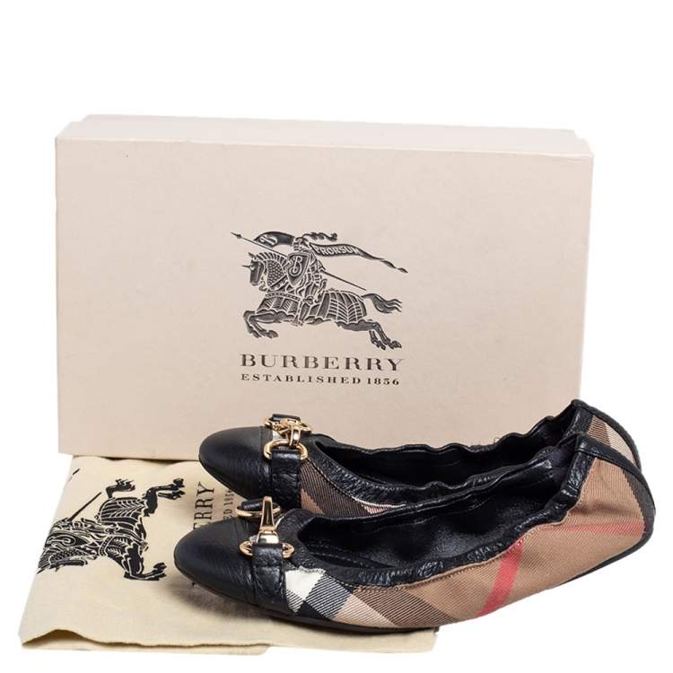 Pre Owned Burberry Black Leather And Nova Check Canvas Scrunch Ballet Flats Size 37
