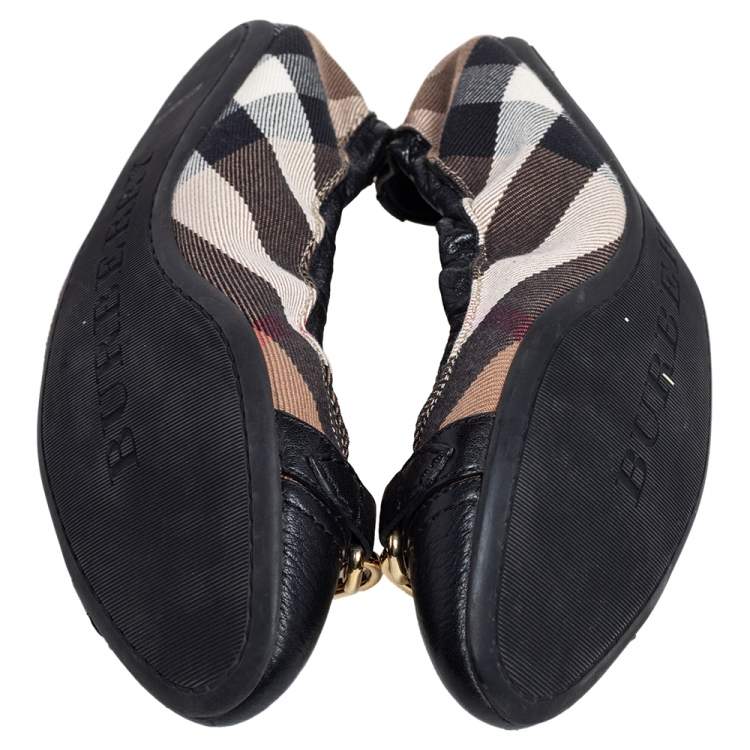 Pre Owned Burberry Black Leather And Nova Check Canvas Scrunch Ballet Flats Size 37