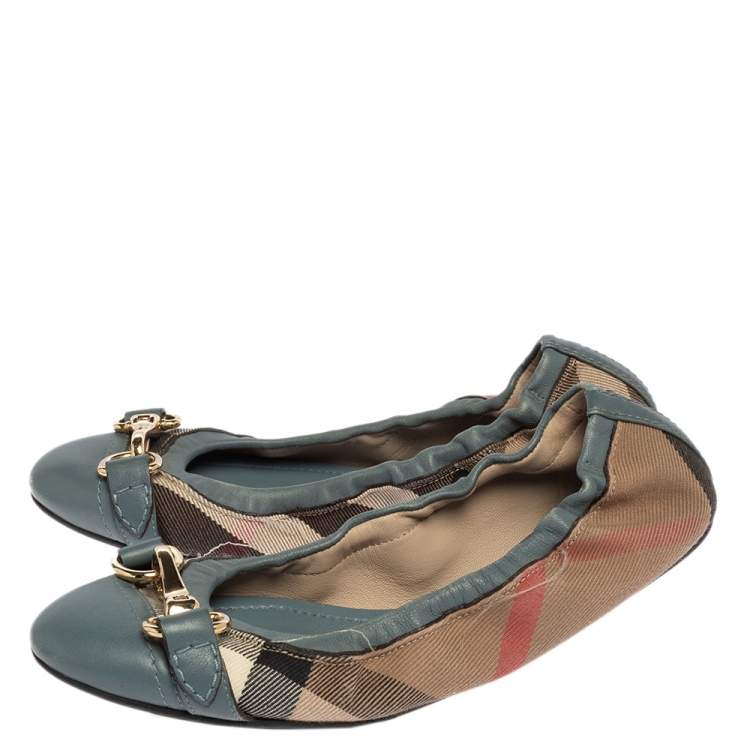 Pre Owned Burberry Blue House Check Canvas and Leather Shipley Scrunch Ballet Flats Size 35