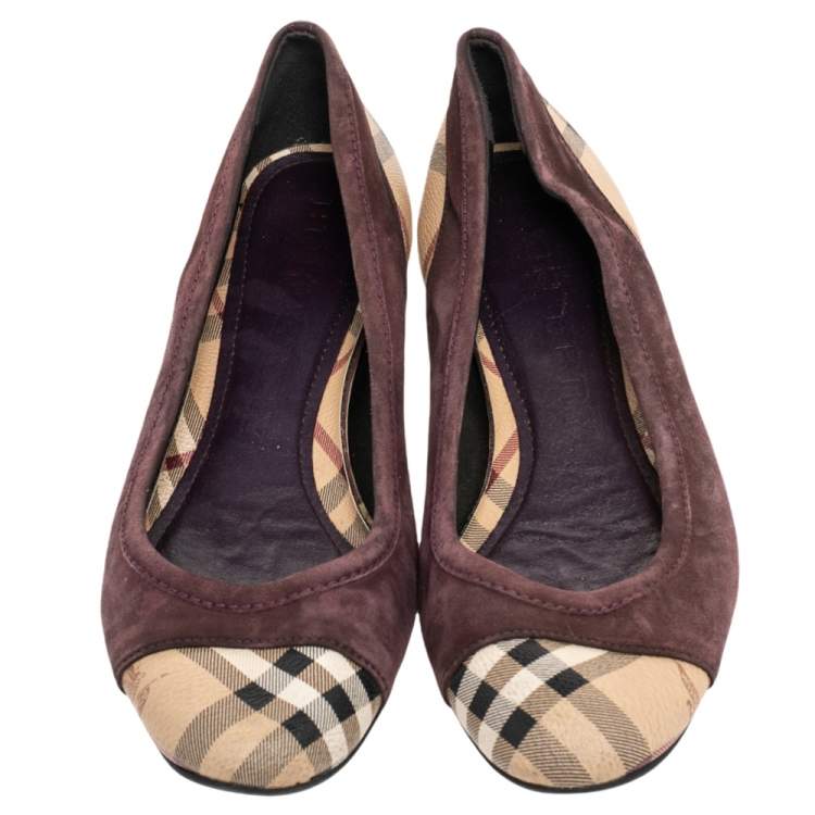 Pre Owned Burberry Beige/Brown Nova Check Coated Canvas And Suede Flats Size 39.5