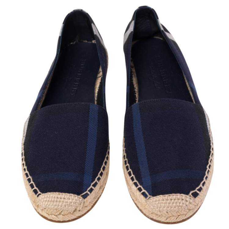 Pre Owned Burberry Navy Blue House Check Canvas Espadrilles Flats Size 38.5
