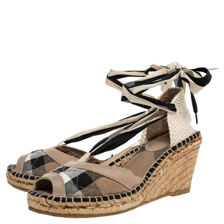 Pre Owned Burberry Beige Nova Check Canvas And Leather Espadrille Wedge Sandals Size 39