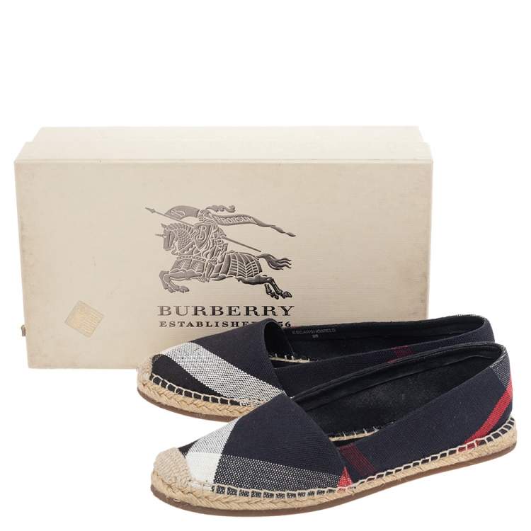 Pre Owned Burberry Navy Blue Hodgeson Check Canvas Espadrille Flats Size 38