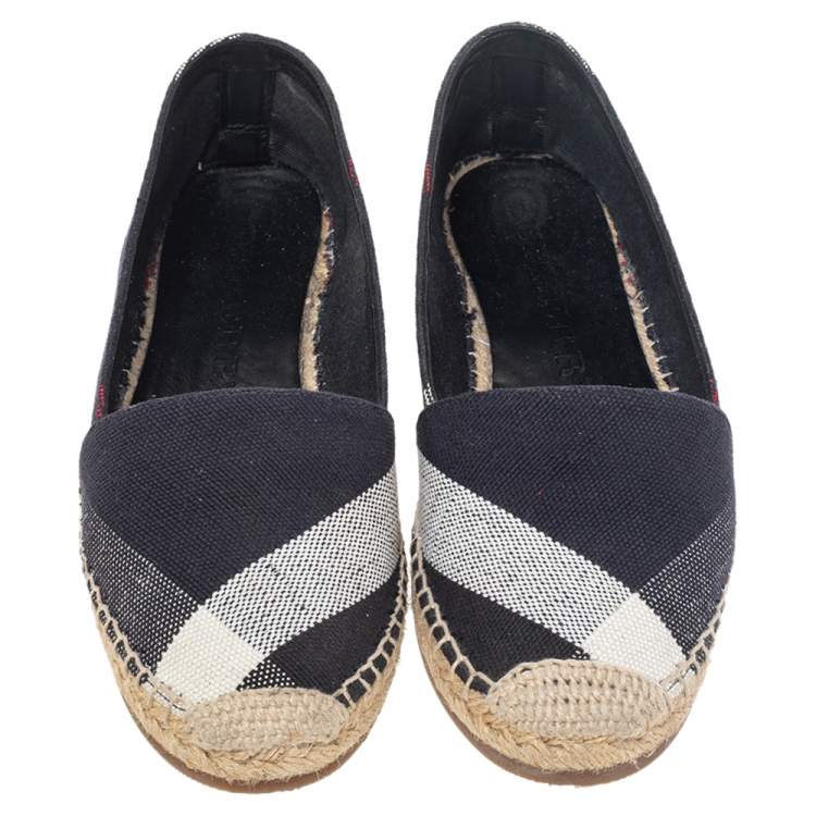Pre Owned Burberry Navy Blue Hodgeson Check Canvas Espadrille Flats Size 38