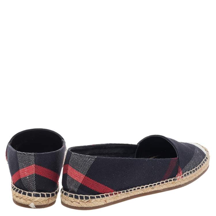 Pre Owned Burberry Navy Blue Hodgeson Check Canvas Espadrille Flats Size 38